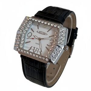 Marco Max Watch A Rectangle Face With Crystal Accents & Black Crock Band